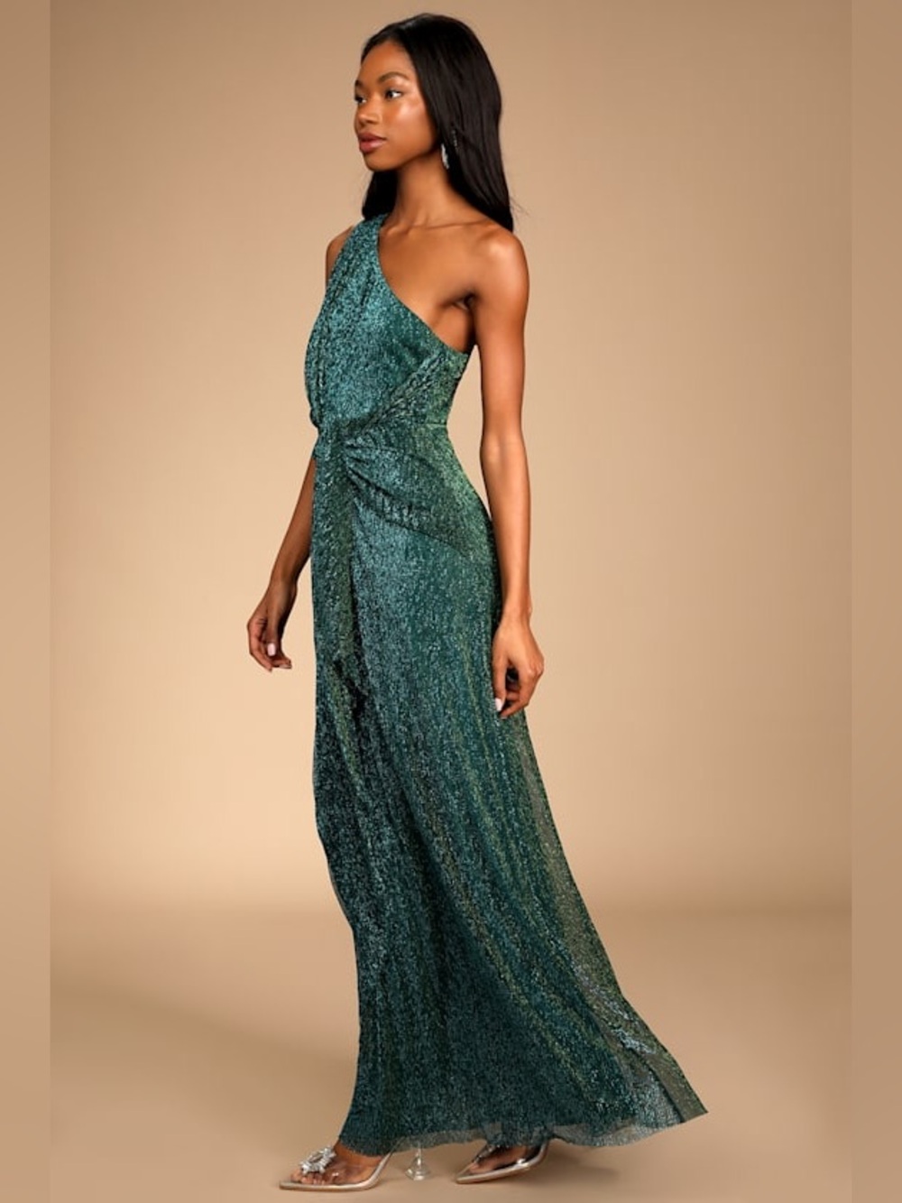 Lulus Glamorous Glitz Shiny Teal Green One-Shoulder Maxi Dress Sz Large Long - Picture 2 of 13